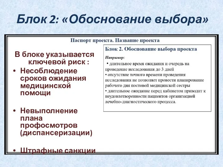 Блок 2: «Обоснование выбора» В блоке указывается ключевой риск : Несоблюдение