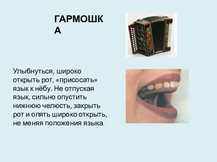 ГАРМОШКА Улыбнуться, широко открыть рот, «присосать» язык к нёбу. Не отпуская