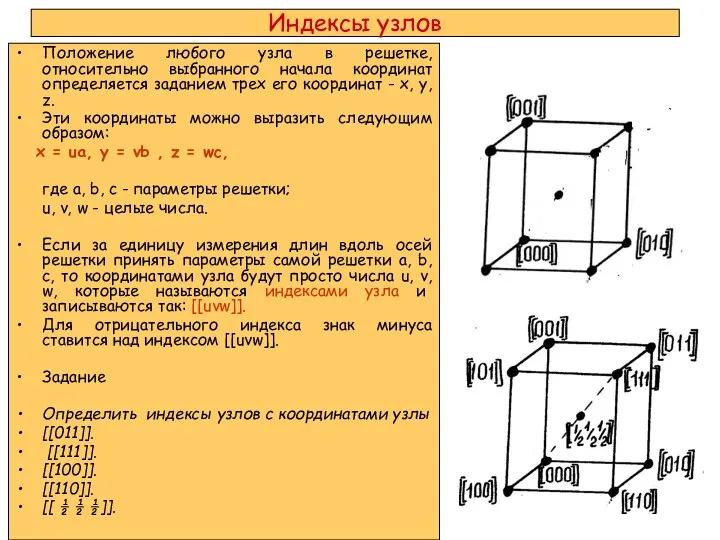 Индексы узлов Положение любого узла в решетке, относительно выбранного начала координат