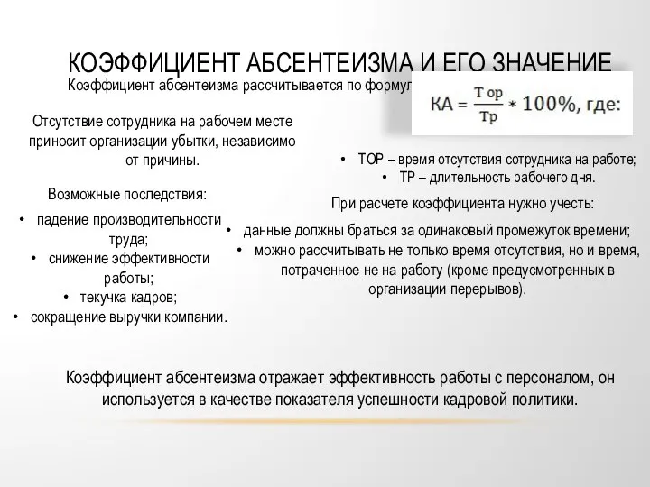 КОЭФФИЦИЕНТ АБСЕНТЕИЗМА И ЕГО ЗНАЧЕНИЕ Коэффициент абсентеизма рассчитывается по формуле: TОР