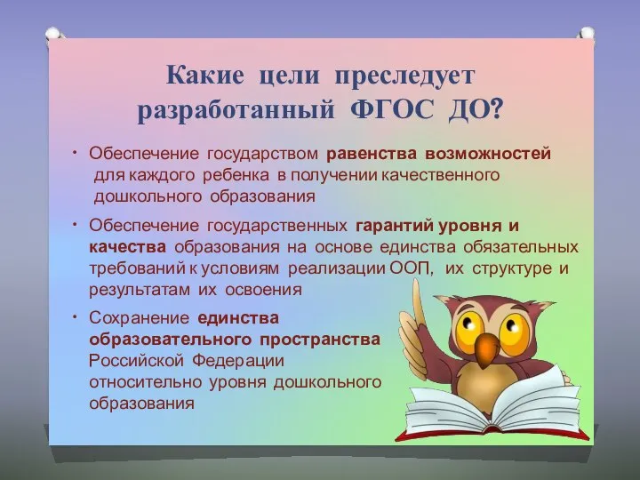 Какие цели преследует разработанный ФГОС ДО? Обеспечение государством равенства возможностей для