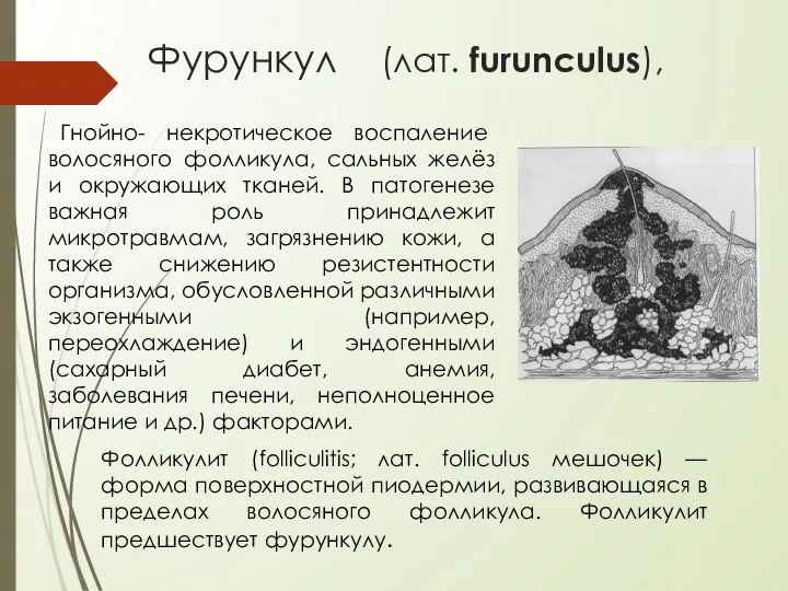 Фурункул (лат. furunculus), Фолликулит (folliculitis; лат. folliculus мешочек) — форма поверхностной