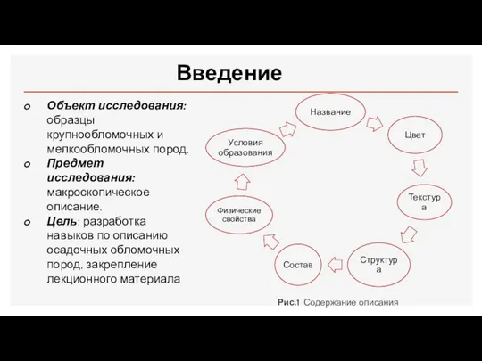 Объект исследования: образцы крупнообломочных и мелкообломочных пород. Предмет исследования: макроскопическое описание.