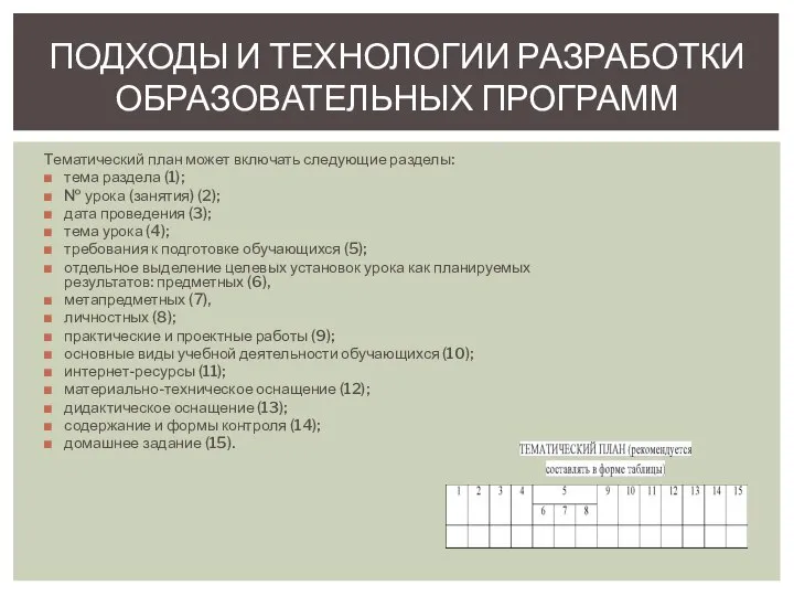 Тематический план может включать следующие разделы: тема раздела (1); № урока