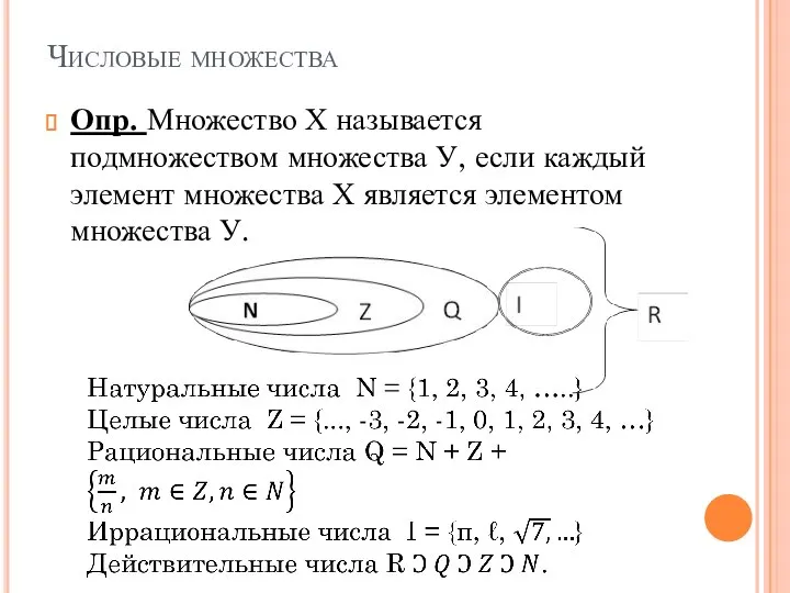 Числовые множества Опр. Множество Х называется подмножеством множества У, если каждый