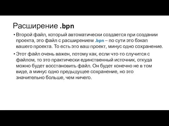 Расширение .bpn Второй файл, который автоматически создается при создании проекта, это