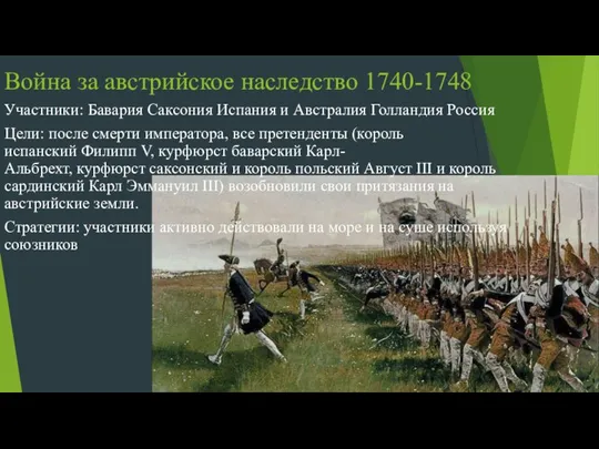 Война за австрийское наследство 1740-1748 Участники: Бавария Саксония Испания и Австралия