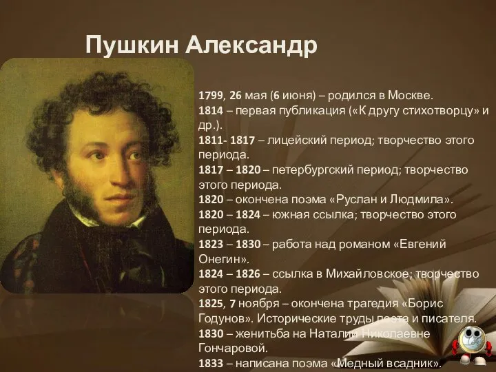 Пушкин Александр Сергеевич 1799, 26 мая (6 июня) – родился в