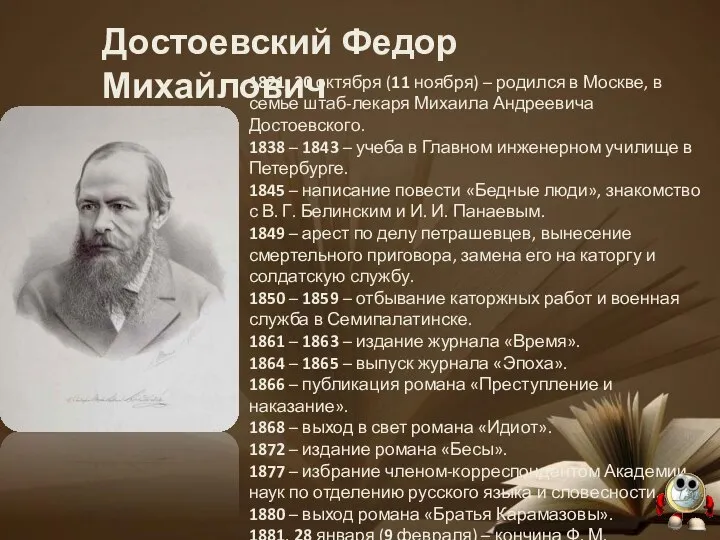 Достоевский Федор Михайлович 1821, 30 октября (11 ноября) – родился в