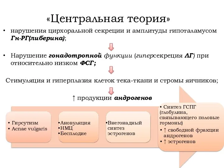 «Центральная теория» нарушения цирхоральной секреции и амплитуды гипоталамусом Гн-РГ(либерина); Нарушение гонадотропной