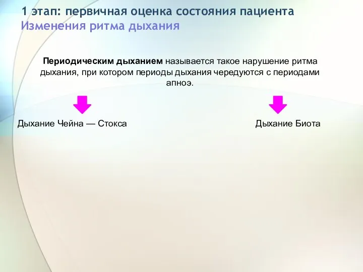 1 этап: первичная оценка состояния пациента Изменения ритма дыхания Периодическим дыханием