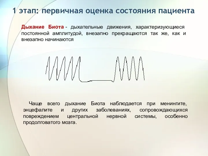 1 этап: первичная оценка состояния пациента Дыхание Биота - дыхательные движения,