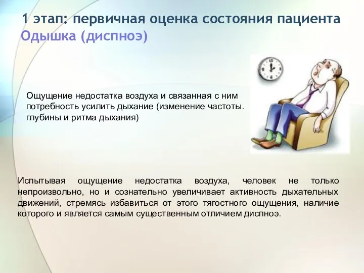 1 этап: первичная оценка состояния пациента Одышка (диспноэ) Ощущение недостатка воздуха