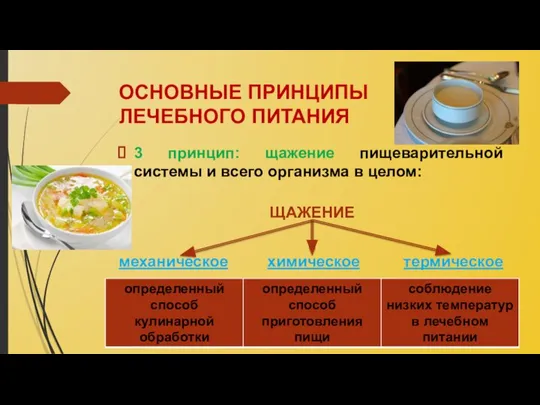 ОСНОВНЫЕ ПРИНЦИПЫ ЛЕЧЕБНОГО ПИТАНИЯ 3 принцип: щажение пищеварительной системы и всего