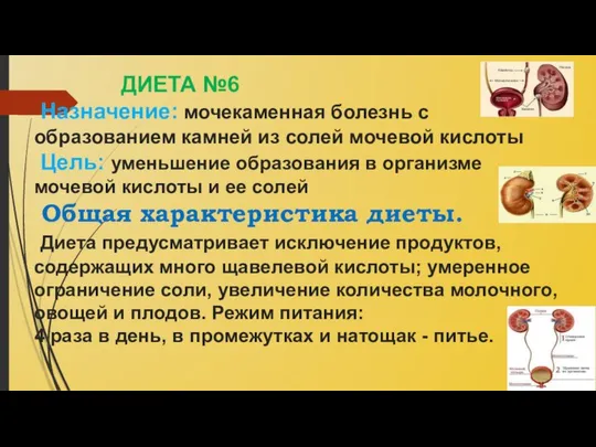 ДИЕТА №6 Назначение: мочекаменная болезнь с образованием камней из солей мочевой