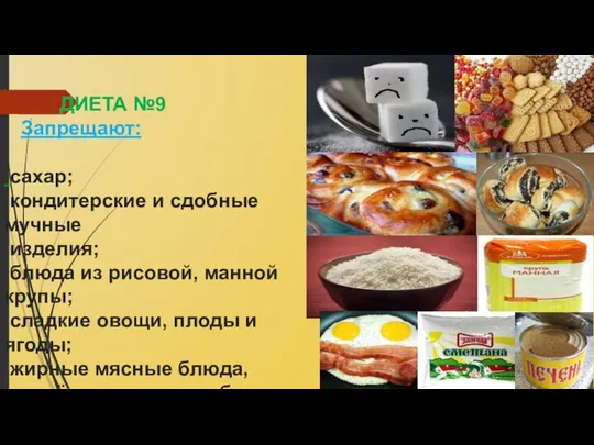 ДИЕТА №9 Запрещают: сахар; кондитерские и сдобные мучные изделия; блюда из