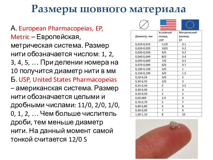Размеры шовного материала А. European Pharmacopeias, EP, Metric – Европейская, метрическая