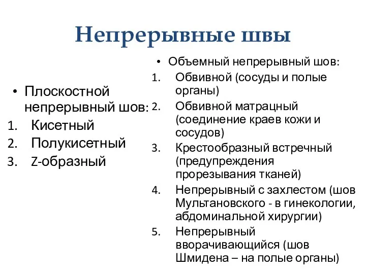 Непрерывные швы Плоскостной непрерывный шов: Кисетный Полукисетный Z-образный Объемный непрерывный шов: