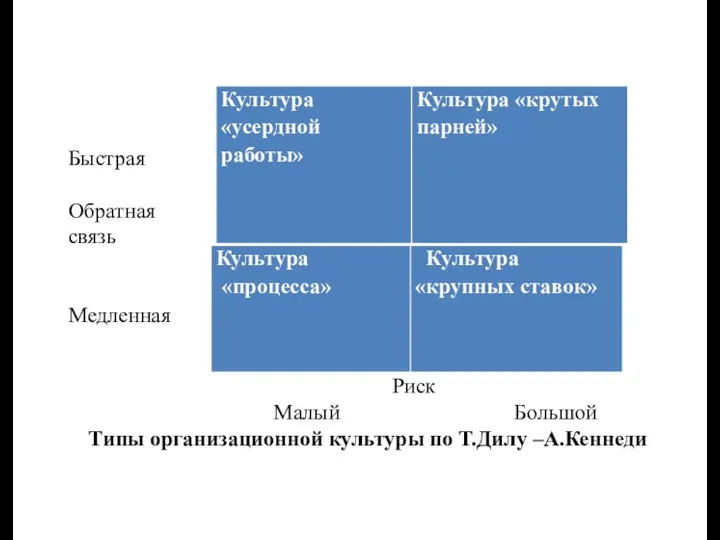 Риск Малый Большой Типы организационной культуры по Т.Дилу –А.Кеннеди Быстрая Обратная связь Медленная