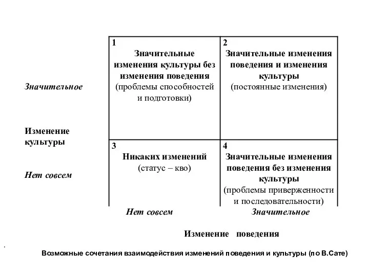 . Возможные сочетания взаимодействия изменений поведения и культуры (по В.Сате)