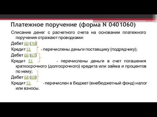 Платежное поручение (форма N 0401060) Списание денег с расчетного счета на