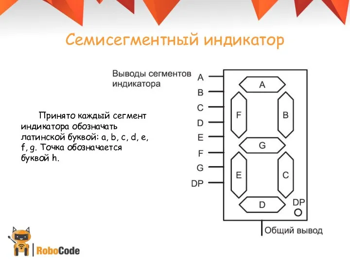 Семисегментный индикатор Принято каждый сегмент индикатора обозначать латинской буквой: a, b,