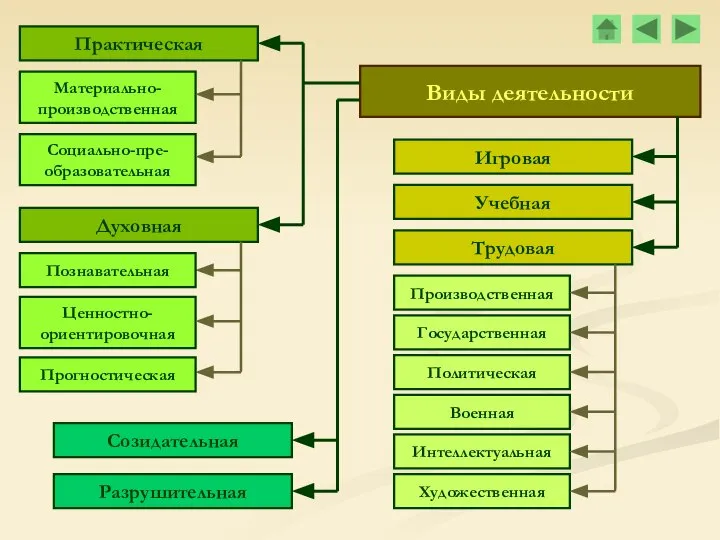 Виды деятельности Игровая Учебная Трудовая Производственная Интеллектуальная Художественная Государственная Политическая Военная