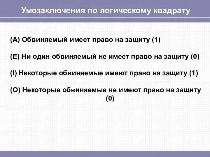 Умозаключения по логическому квадрату (А) Обвиняемый имеет право на защиту (1)