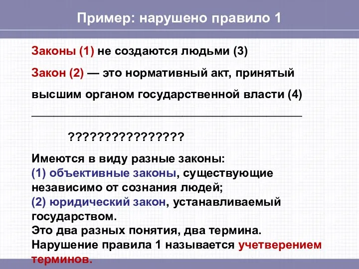 Пример: нарушено правило 1 Законы (1) не создаются людьми (3) Закон