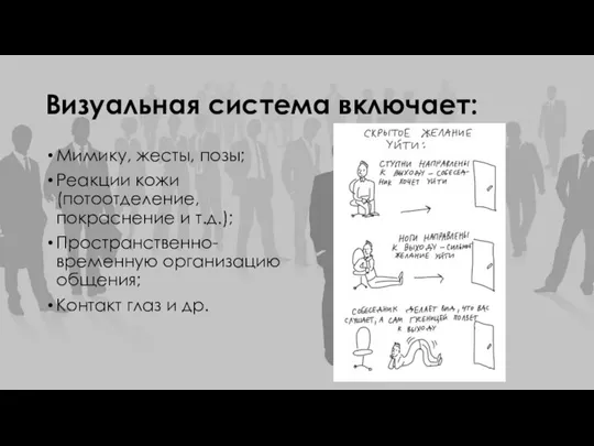 Визуальная система включает: Мимику, жесты, позы; Реакции кожи (потоотделение, покраснение и