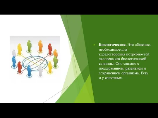 Биологическое. Это общение, необходимое для удовлетворения потребностей человека как биологической единицы.