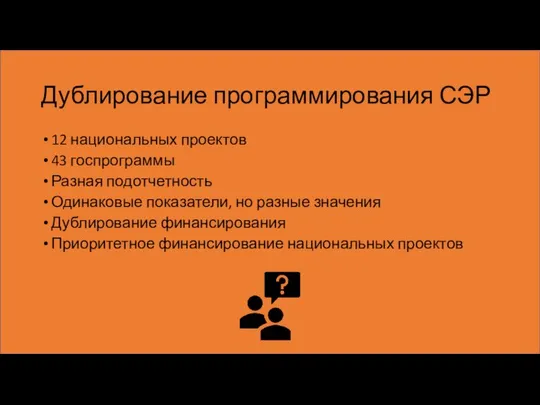 Дублирование программирования СЭР 12 национальных проектов 43 госпрограммы Разная подотчетность Одинаковые