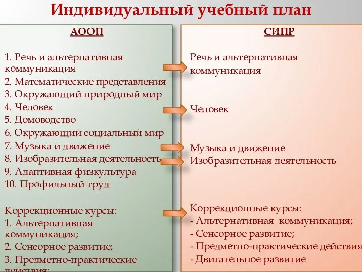 Индивидуальный учебный план АООП 1. Речь и альтернативная коммуникация 2. Математические