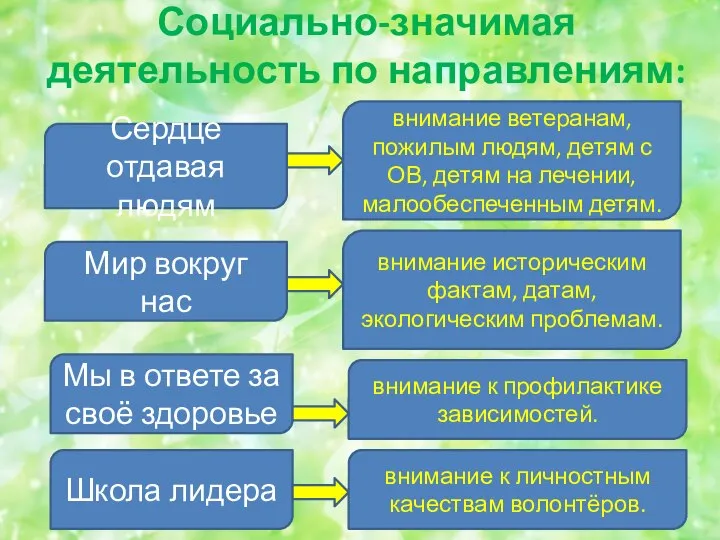 Социально-значимая деятельность по направлениям: Сердце отдавая людям внимание ветеранам, пожилым людям,