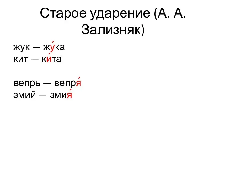 Старое ударение (А. А. Зализняк) жук — жу́ка кит — ки́та