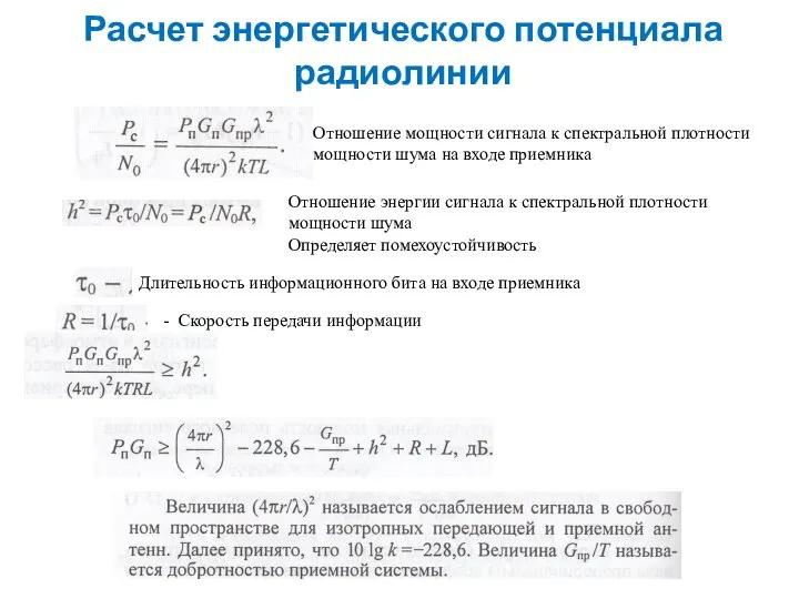 Расчет энергетического потенциала радиолинии Отношение энергии сигнала к спектральной плотности мощности