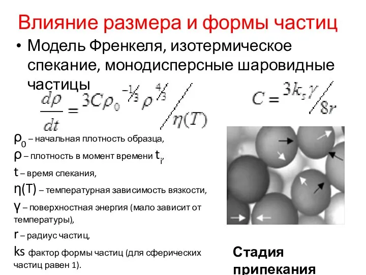 Влияние размера и формы частиц Модель Френкеля, изотермическое спекание, монодисперсные шаровидные