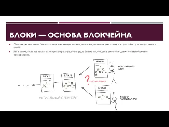 БЛОКИ — ОСНОВА БЛОКЧЕЙНА Поэтому для включения блока в цепочку компьютеры