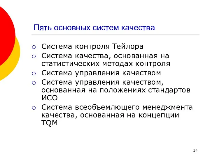 Пять основных систем качества Система контроля Тейлора Система качества, основанная на