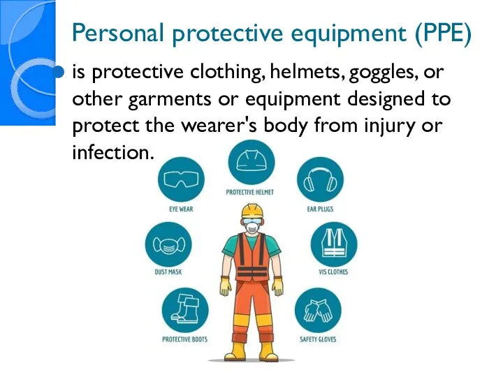 Personal protective equipment (PPE) is protective clothing, helmets, goggles, or other