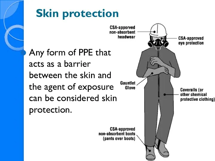 Skin protection Any form of PPE that acts as a barrier