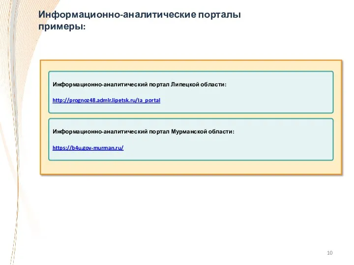 Информационно-аналитические порталы примеры: Информационно-аналитический портал Липецкой области: http://prognoz48.admlr.lipetsk.ru/Ia_portal Информационно-аналитический портал Мурманской области: https://b4u.gov-murman.ru/