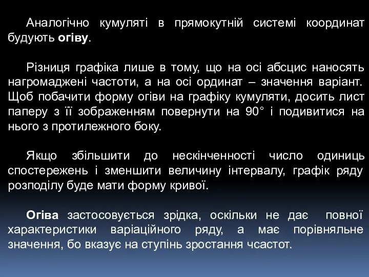 Аналогічно кумуляті в прямокутній системі координат будують огіву. Різниця графіка лише