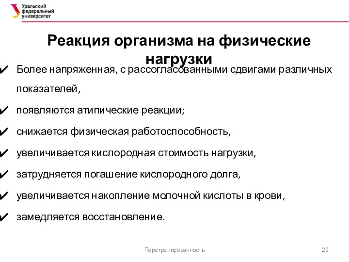 Реакция организма на физические нагрузки Более напряженная, с рассогласованными сдвигами различных