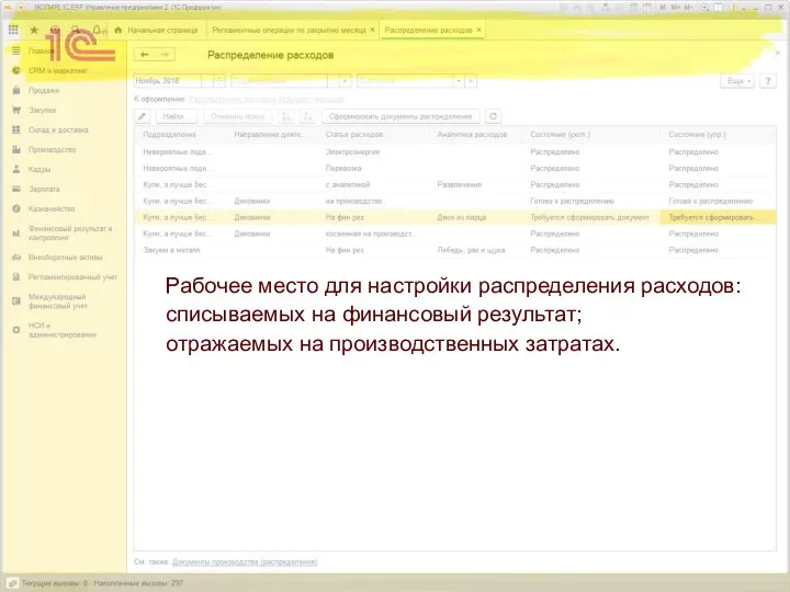 Рабочее место для настройки распределения расходов: списываемых на финансовый результат; отражаемых на производственных затратах.