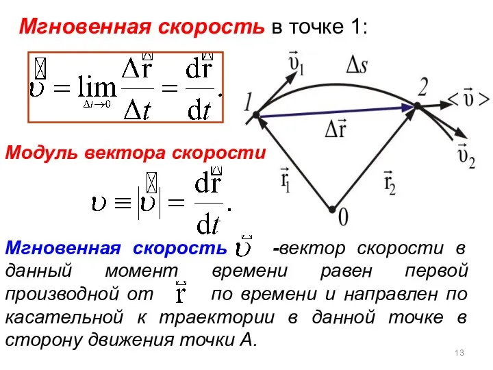 Мгновенная скорость -вектор скорости в данный момент времени равен первой производной