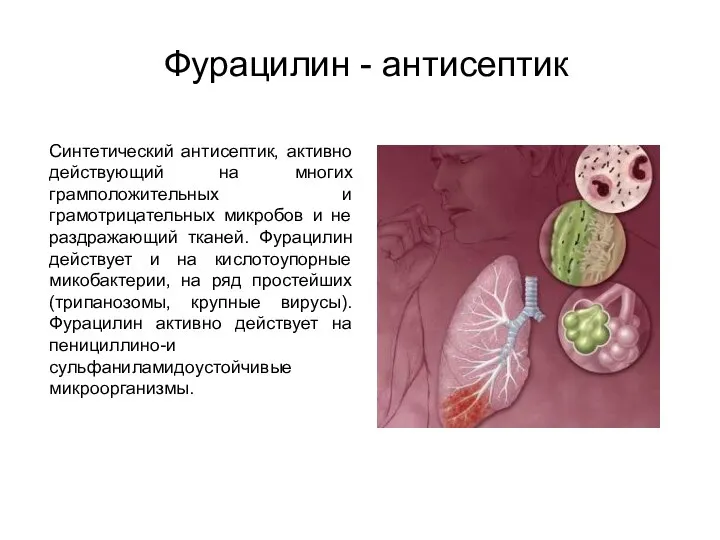 Фурацилин - антисептик Синтетический антисептик, активно действующий на многих грамположительных и