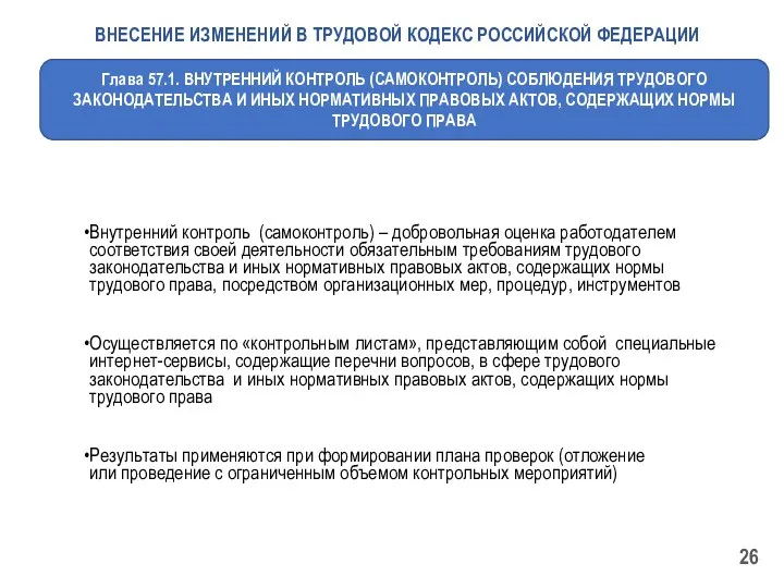 Глава 57.1. ВНУТРЕННИЙ КОНТРОЛЬ (САМОКОНТРОЛЬ) СОБЛЮДЕНИЯ ТРУДОВОГО ЗАКОНОДАТЕЛЬСТВА И ИНЫХ НОРМАТИВНЫХ