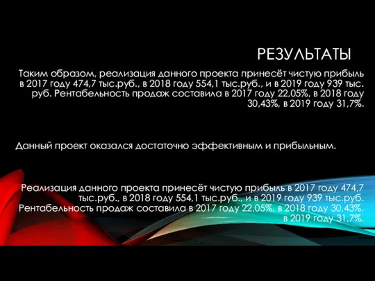 РЕЗУЛЬТАТЫ Таким образом, реализация данного проекта принесёт чистую прибыль в 2017