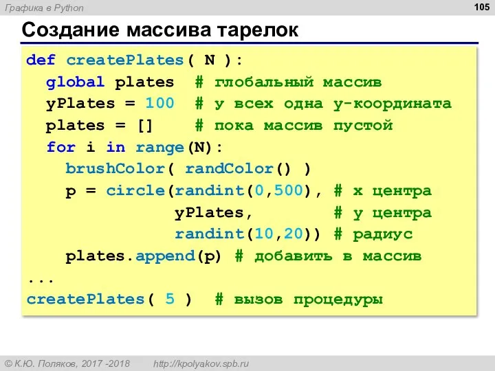 Создание массива тарелок def createPlates( N ): global plates # глобальный